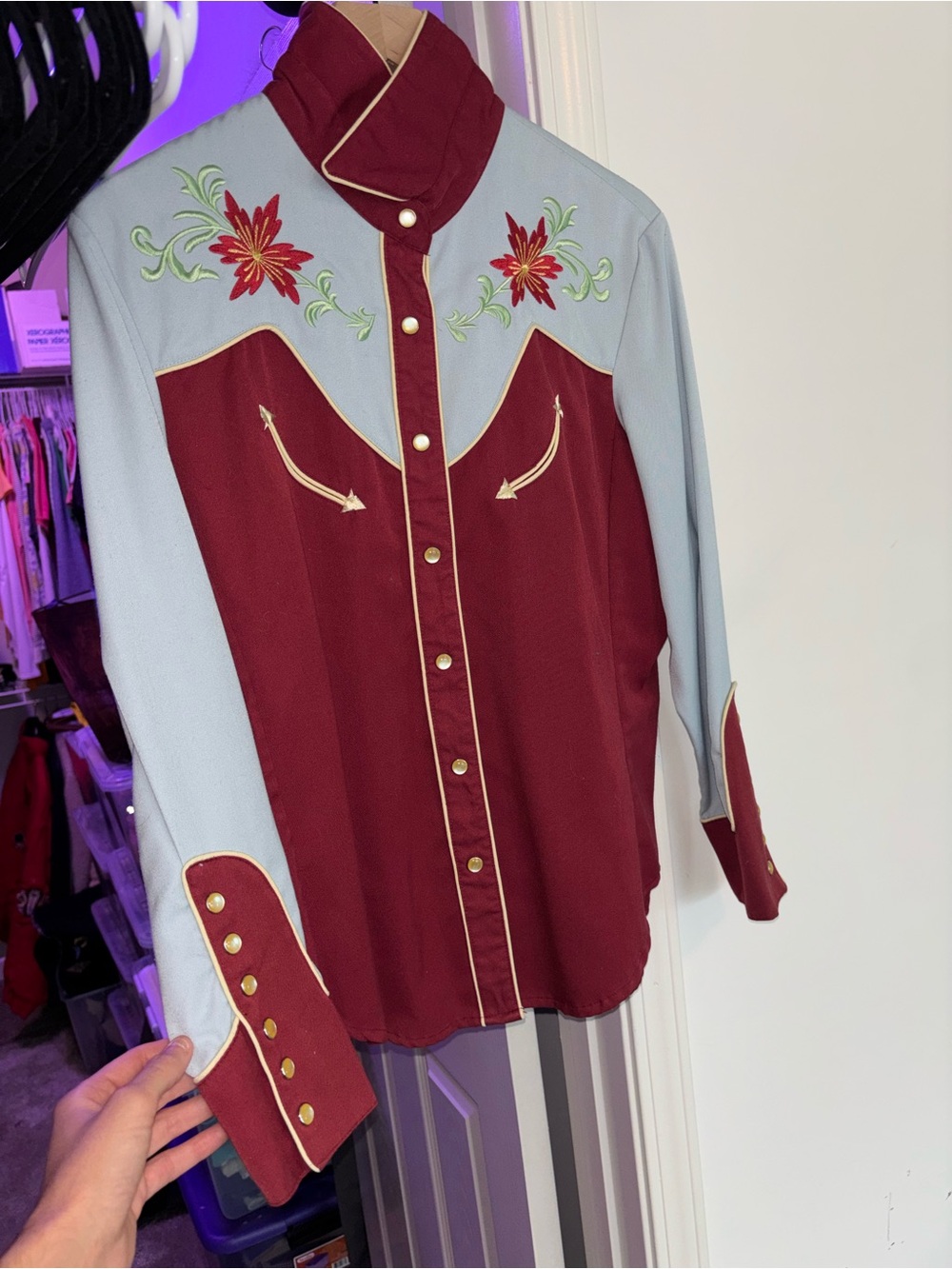 Scully Burgundy and Light Blue Embroidered Western Snap Shirt
